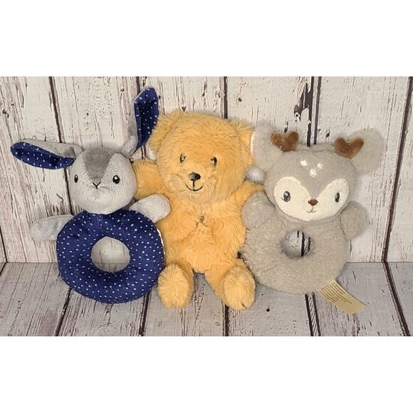 Lot Of 3 Baby Plush Rattle Lovey Bunny Rabbit Deer Fawn Teddy Bear Ikea DanDee - Picture 1 of 2